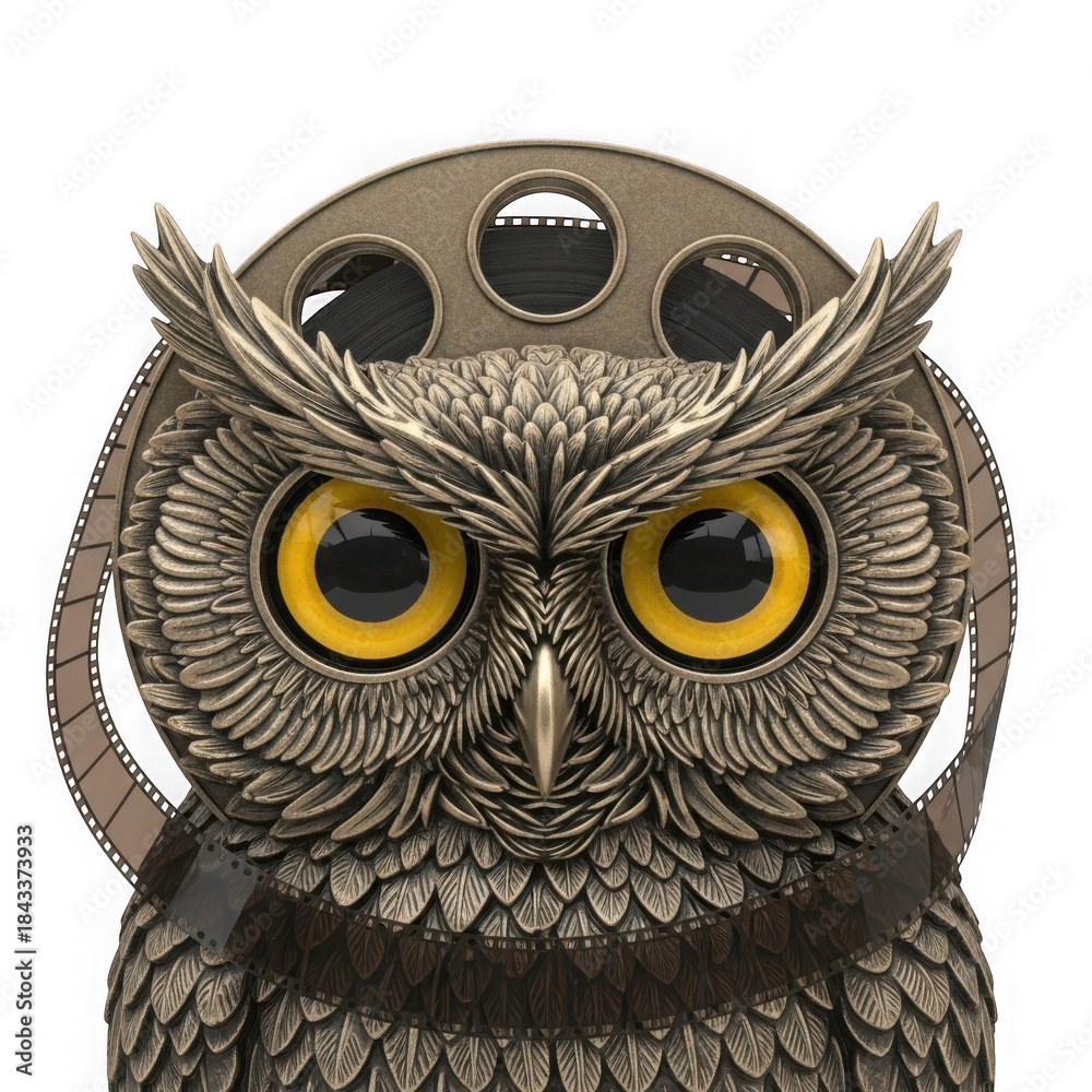 Fototapeta premium Bronze Owl with Film Reel Headpiece on White Background