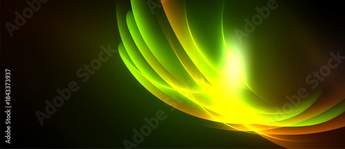 Abstract vibrant light streaks form curved shapes. Bright yellow center radiates outward, blending into green, orange hues. Dark background emphasizes luminosity.