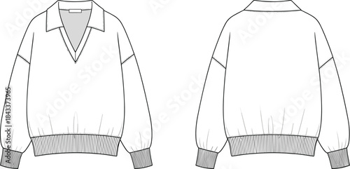 Collared V neck pullover technical drawing, long sleeve fashion flat, ribbed hem sweatshirt template, detailed garment sketch illustration, casual apparel CAD