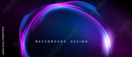 Abstract glowing layers create dynamic circular form. Dark background emphasizes vibrant purple, blue hues. Text reads background design.