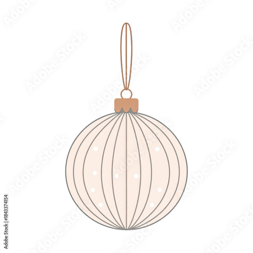 Minimalist cream Christmas ornament with gold cap and hanging loop, soft festive mood, simple dotted pattern and vertical ribs