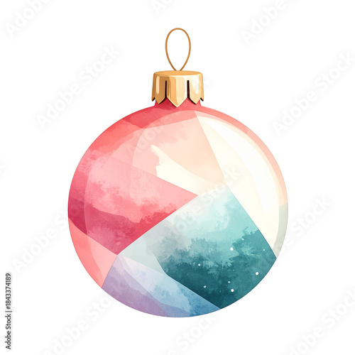 Colorful geometric watercolor Christmas ornament with metallic hanger, festive holiday decoration evoking warmth and joy