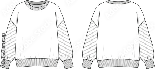 Striped sleeve sweatshirt technical drawing, long sleeve fashion flat, ribbed hem pullover template, detailed garment sketch illustration, casual apparel design CAD