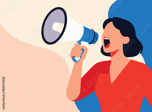 Woman in red shirt shouting through a megaphone with abstract background