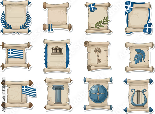 Ancient Greece Paper Scrolls Laurel, Flag, Temple, Lyre Illustrations