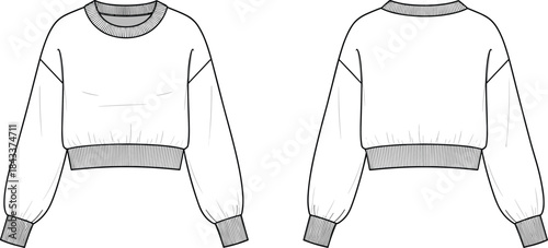 Cropped sweatshirt technical drawing, long sleeve fashion flat, ribbed hem pullover template, detailed garment sketch illustration, casual apparel design CAD