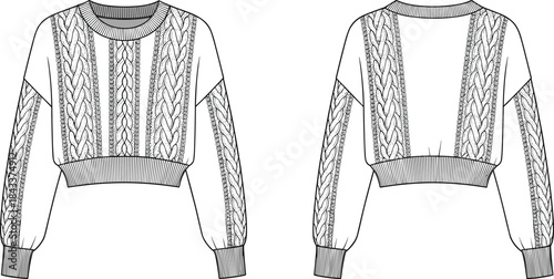 Cropped cable knit sweater technical drawing, fashion flat illustration, detailed garment sketch template, cozy pullover design, textured knitwear CAD vector