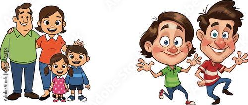 Happy cartoon family and two cheerful boys characters, smiling parents and children illustration, joyful kids, playful expressions, fun animated style artwork
