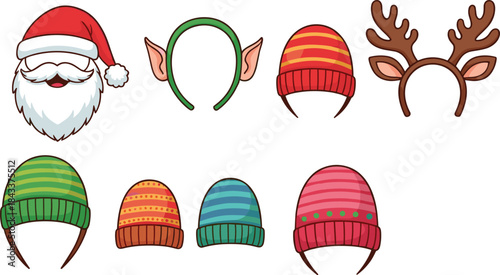 Christmas costume props collection with Santa beard, elf ears headband, reindeer antlers, winter hats, festive accessories for holiday design and decoration