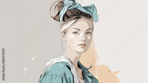 Stylish portrait of a young woman with a bow in her hair against a minimalist backdrop