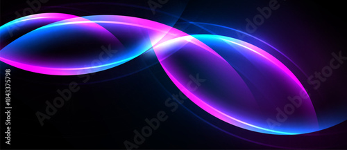 Bright neon shapes overlap, creating infinity symbol. Dark background emphasizes glowing curves, vibrant colors. Modern design.