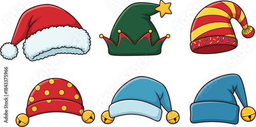 Cute Christmas and elf hats collection with Santa hat, jingle bells, stripes, and festive designs, holiday accessory illustration set for seasonal decorations