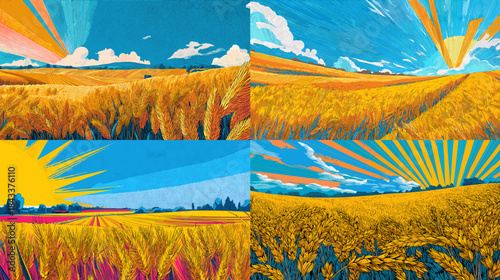 Vivid illustration of golden wheat fields stretching under a bright blue sky with dramatic sun rays creating a warm and energetic rural scene.