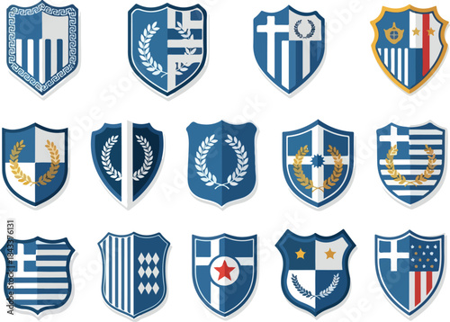 Collection of Ornate Shields with Laurel Wreaths and Greek Motifs for Graphic Design and Heraldry