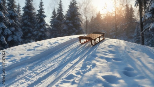 Wooden Sled Resting on Snowy Hillside in Winter Landscape.