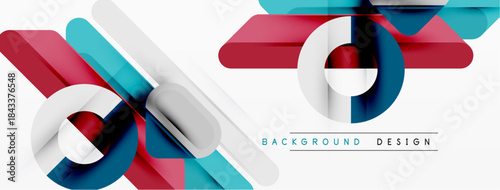 Abstract geometric lines, shapes create modern design. Red, blue, silver hues dominate composition. Minimalist aesthetic.