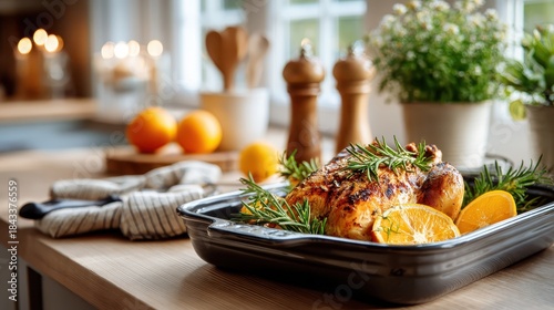 Roasted chicken with rosemary and orange preparing for holiday meal