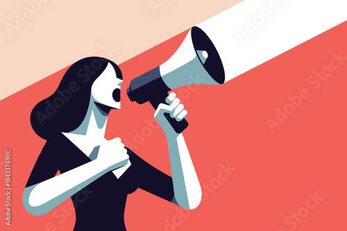 Woman shouting through a megaphone, protest, announcement, vector illustration