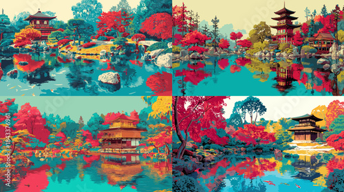 Serene Japanese garden illustration with bright autumn trees, reflective pond, traditional architecture, and peaceful nature creating a tranquil landscape.