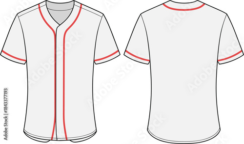 Baseball jersey vector template, front and back view outline, clean sports uniform mockup design, flat apparel illustration for fashion CAD