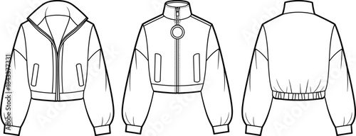 Cropped bomber jacket technical flat sketch, detailed fashion CAD drawing with front and back views, apparel design outline vector illustration