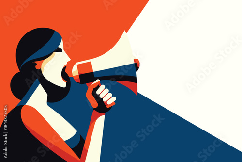 Woman shouting through a megaphone, protest, announcement, vector illustration