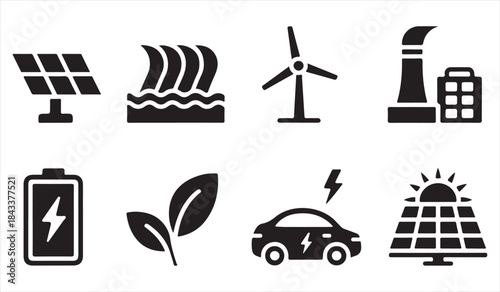 Renewable energy and sustainability icon set for clean technology