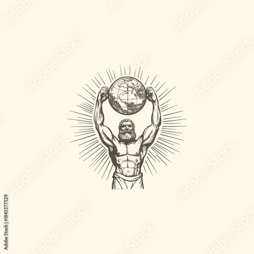 vintage engraving illustration featuring the Titan Atlas bearing the immense weight of the celestial sphere or world globe above his head