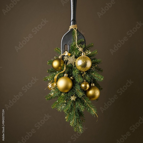 Festive Christmas wreath with golden baubles and ribbons on rustic shovel against gray background