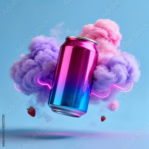 Futuristic soda can illustration, neon pink and blue, strawberry cotton candy clouds on sky blue background