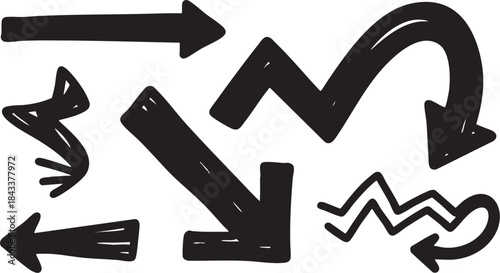 Grunge Hand-Drawn Arrow & Swirl Set: Bold Black Brush Stroke Directional Design Elements 