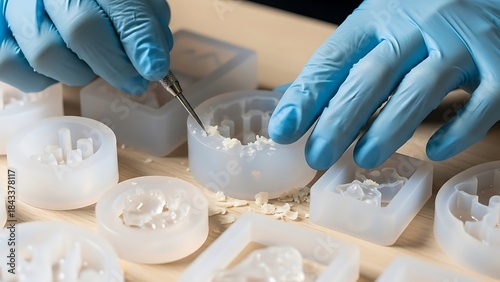 Detailed resin crafting process with molds and skilled handiwork