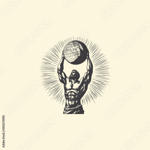 vintage engraving illustration featuring the Titan Atlas bearing the immense weight of the celestial sphere or world globe above his head