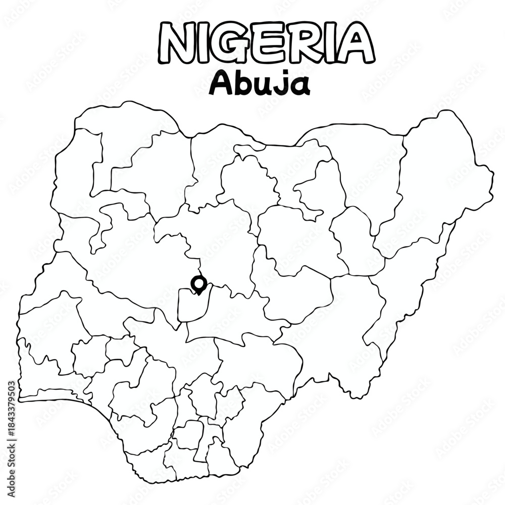 Fototapeta premium Outline of the Nigeria Map with State Boundaries with name and capital city for Educational Purposes and Planning in transparent and vector