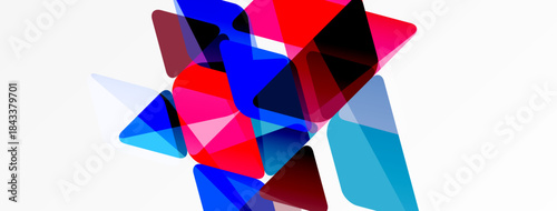 Abstract composition. Overlapping translucent shapes, vibrant reds, blues, cyan. Minimalist design, clean background, modern aesthetic.