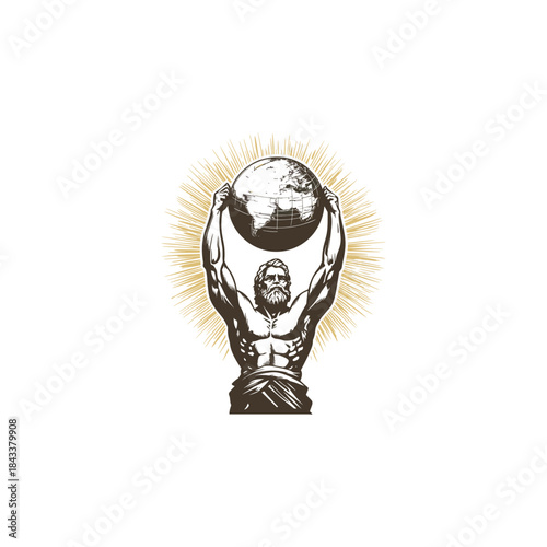 vintage engraving illustration featuring the Titan Atlas bearing the immense weight of the celestial sphere or world globe above his head