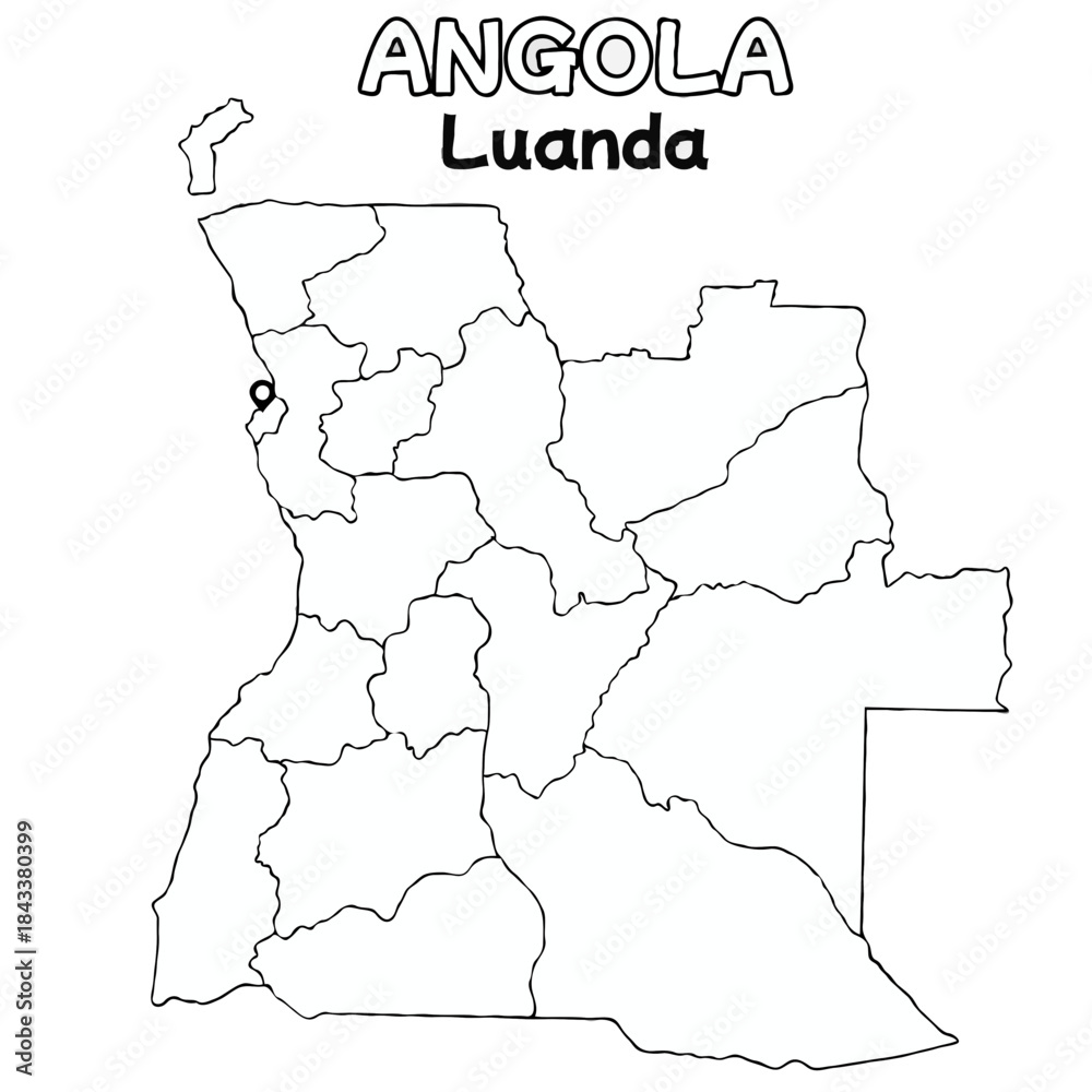 Fototapeta premium Outline of the angola Map with State Boundaries with name and capital city for Educational Purposes and Planning in transparent and vector