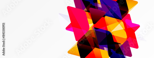 Abstract colorful shapes overlap white space. Vivid hues create dynamic composition, modern design element.