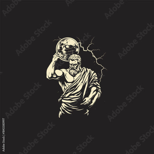 vintage engraving illustration featuring the Titan Atlas bearing the immense weight of the celestial sphere or world globe above his head