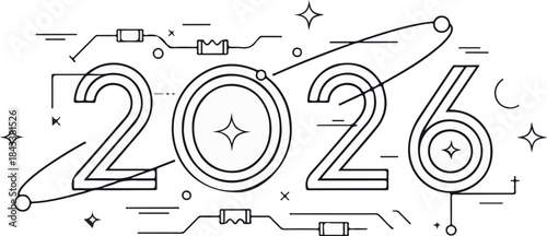 A futuristic line art illustration of the year 2026 with circuit board and microchip elements in a minimalist font style on a white background.