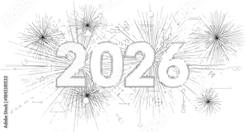 A futuristic illustration of the year 2026 with abstract lines and geometric patterns in a modern font against a clean white background.