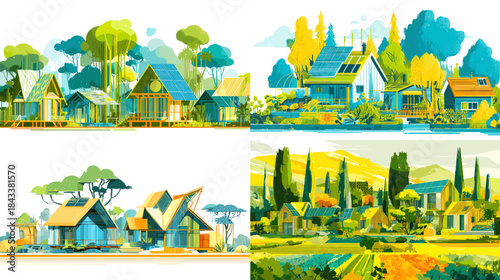 Colorful eco village illustration with modern wooden houses surrounded by lush trees, greenery, and warm sunlight creating a peaceful natural living scene.