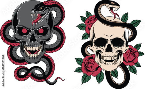 Dark skull and snake illustration featuring red roses, gothic tattoo style elements, bold vector artwork, dangerous serpent details, and dramatic shading