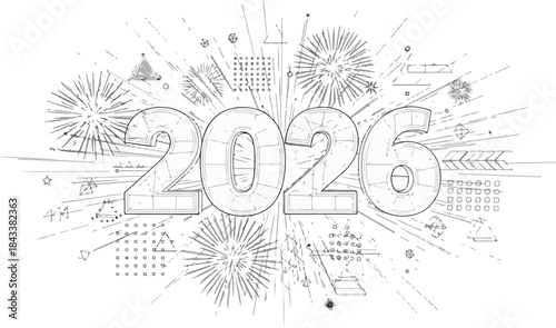 Black and white illustration of 2026 with fireworks, signs, and font elements on a white background with a celebratory feel.