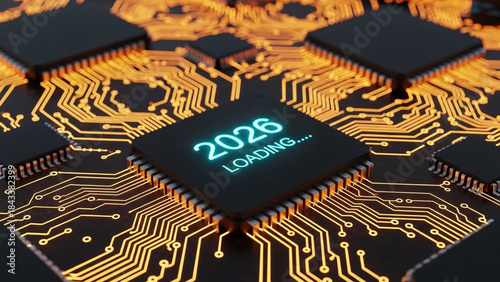 A close-up view of a futuristic circuit board with glowing orange traces and a microchip displaying '2026 LOADING...' in blue.