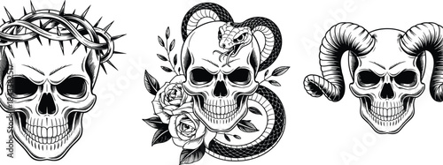Detailed skull vector illustration set featuring thorn crown skull, floral snake skull, and horned skull design, perfect for tattoo art and dark gothic themes
