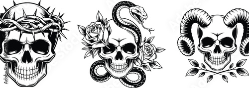 Detailed skull vector illustration set featuring thorn crown skull, snake and rose floral skull, and horned skull designs for tattoo, gothic, and dark themes