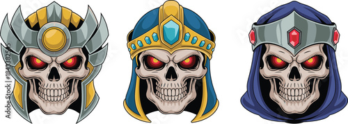 Detailed warrior skull illustration set featuring armored helmets and glowing red eyes in bold vector style perfect for fantasy design and tattoo artwork