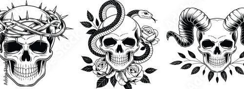 etailed skull vector illustration set featuring thorn crown skull, floral snake skull, and horned skull designs for tattoo artwork, gothic themes, and dark vintage style