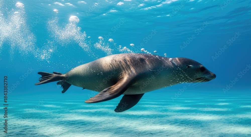 Fototapeta premium Graceful Sea Lion Swimming Underwater in Clear Blue Ocean.